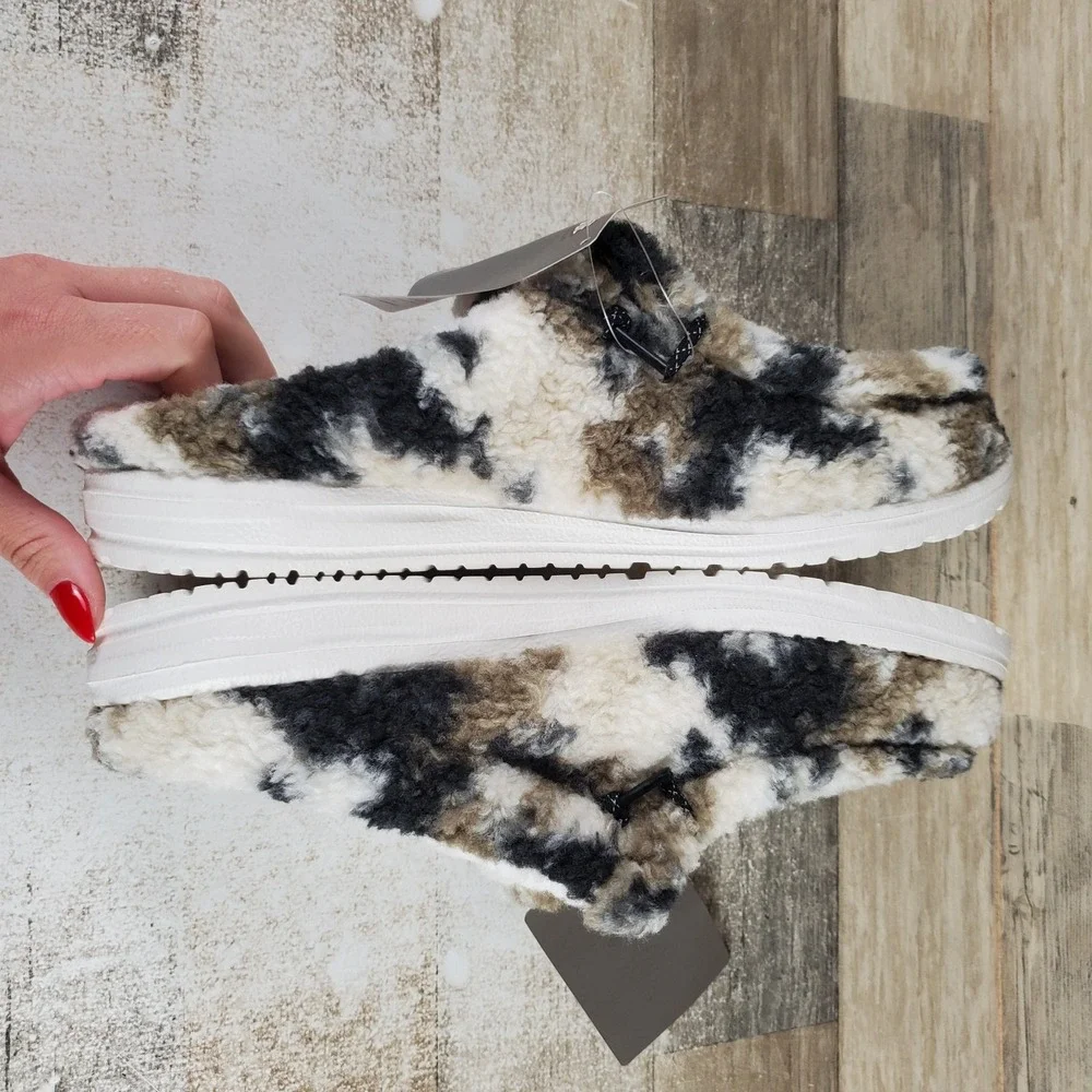Hey Dude Wendy Slipper Cozy Mens Sz 9 White Camo Slip On Faux Shearling Comfort